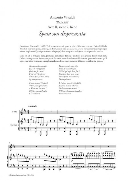 VIVALDI : Sposa son disprezzata, chant et clavier